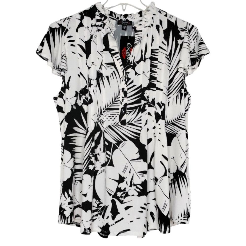 Cocomo Plus Size 1X Black & Ivory Floral Print Pintuck Short Flutter Sleeve Top